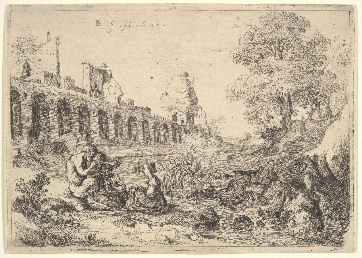 Córcega sentada ante sátiros en la orilla de un río, de un par de placas para Battista Gu..., 1640 de Bartholomeus Breenbergh