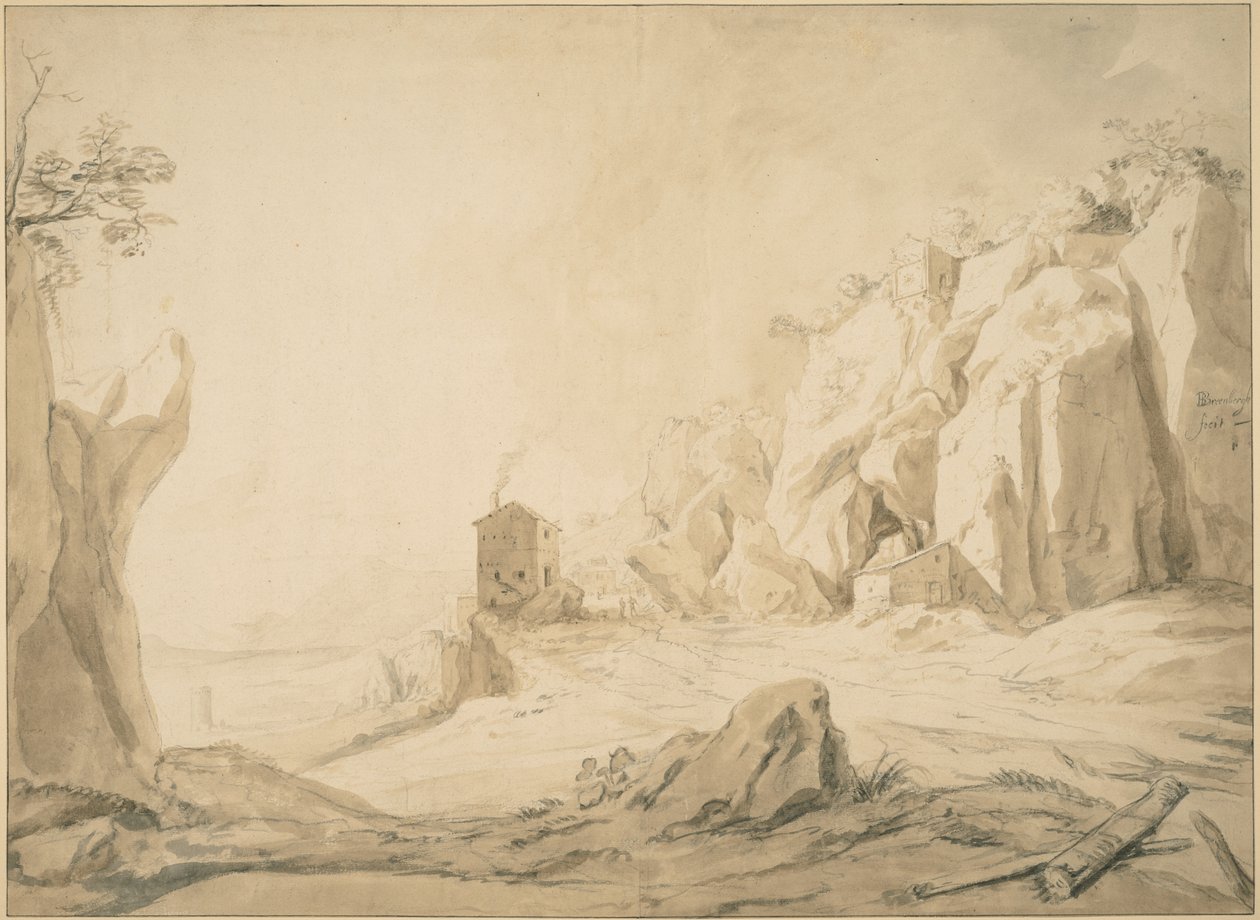 Paisaje con un camino al pie de acantilados cerca de Bracciano de Bartholomeus Breenbergh