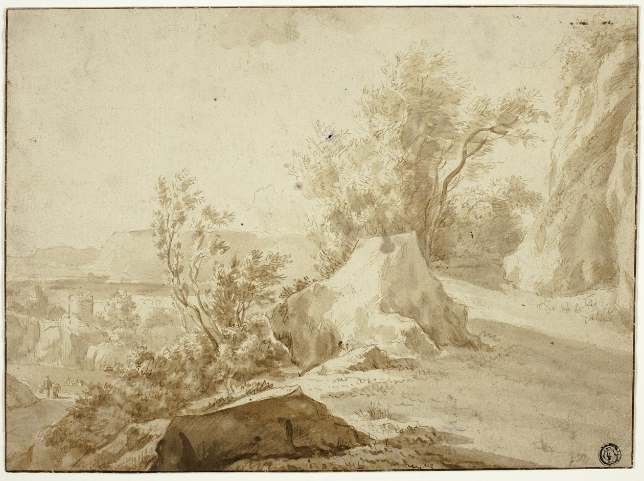 Rocas y Camino de Montaña, Figuras y Ciudad Abajo de Bartholomeus Breenbergh