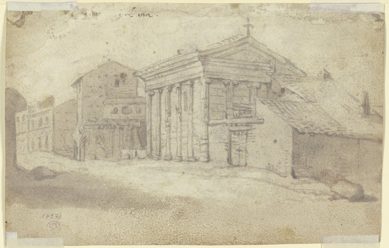 Calle con antiguo templo de orden jónico, ahora iglesia cristiana con una columnata añadida de Bartholomeus Breenbergh