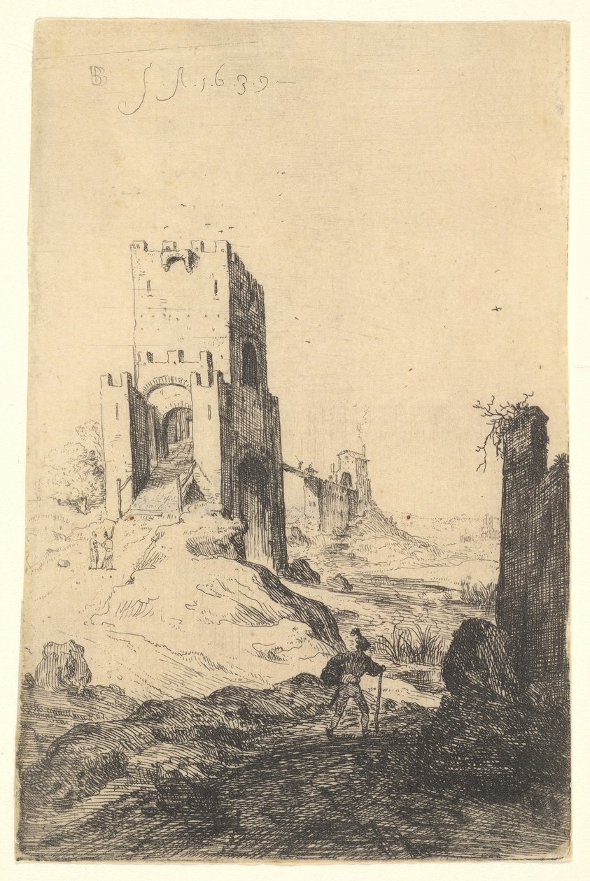 Vista del Ponte Mammolo, un puente en el fondo, una torre con rampa en el medio de Bartholomeus Breenbergh