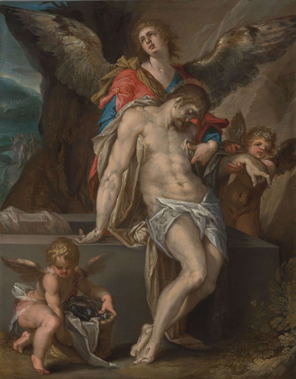 Los ángeles llevan el cuerpo de Cristo (Ángel Pietà) de Bartholomeus Spranger