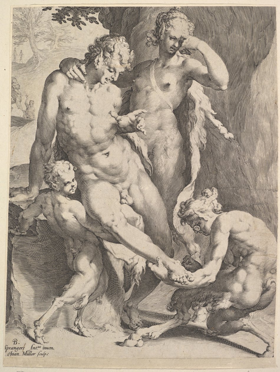 Oreadas quitando una espina del pie de un sátiro, 1590 de Bartholomeus Spranger