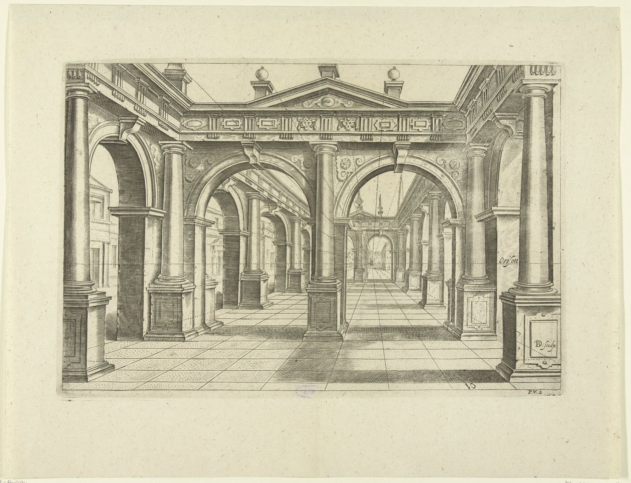 Edificio con doble arco en el centro de estilo dórico Perspectiva, parte 2 (título de la serie) de Bartholomeus Willemsz. Dolendo