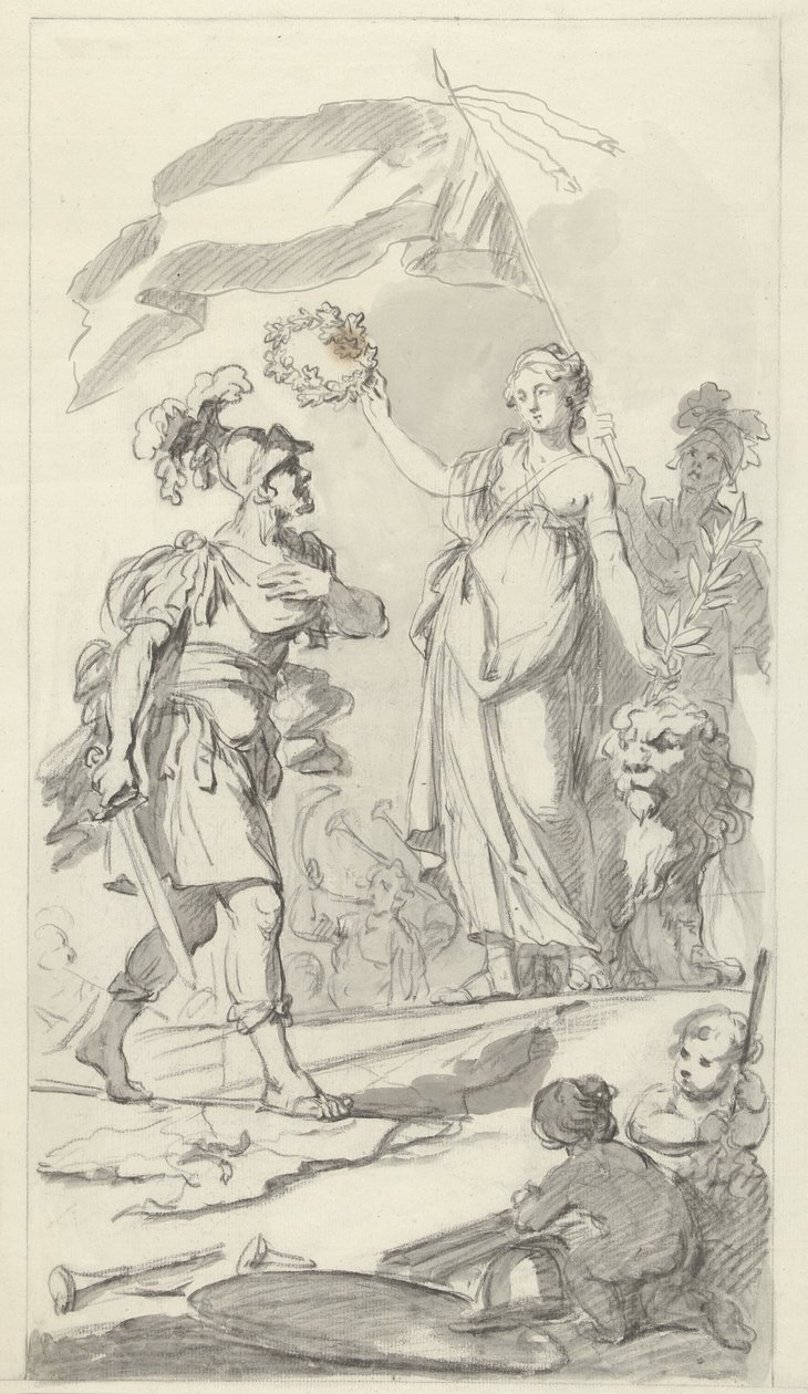 El valiente bataviano coronado por la Virgen holandesa, 1799 Diseños para el monumento en el festival nacional que celebra la paz del 17 de diciembre de 1799 (título de la serie) de Bartholomeus Ziesenis