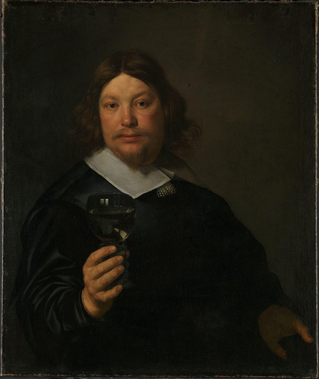 Norwegian Bokmål:  Mann med rhinskvinglass Hombre con una copa de vino en la mano de Bartholomeus van der Helst