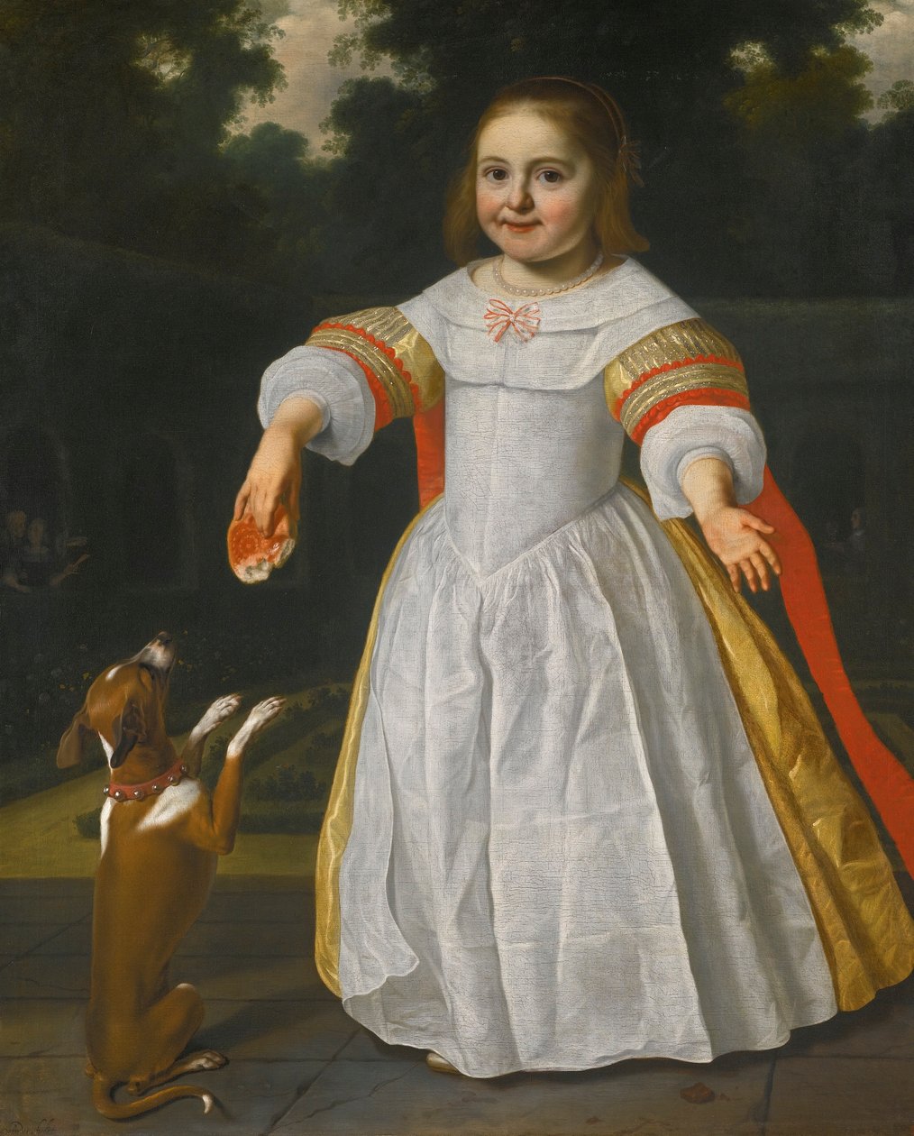 Retrato de una niña con un panecillo y un perro de Bartholomeus van der Helst