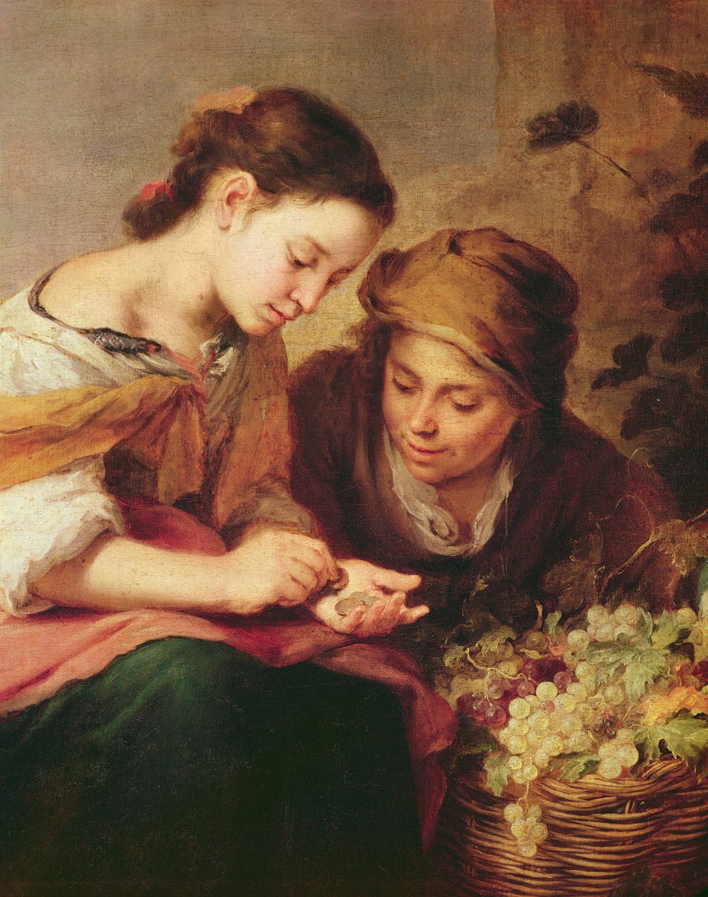 (detalle) de La pequeña vendedora de frutas, 1670-75 de Bartolomé Esteban Murillo
