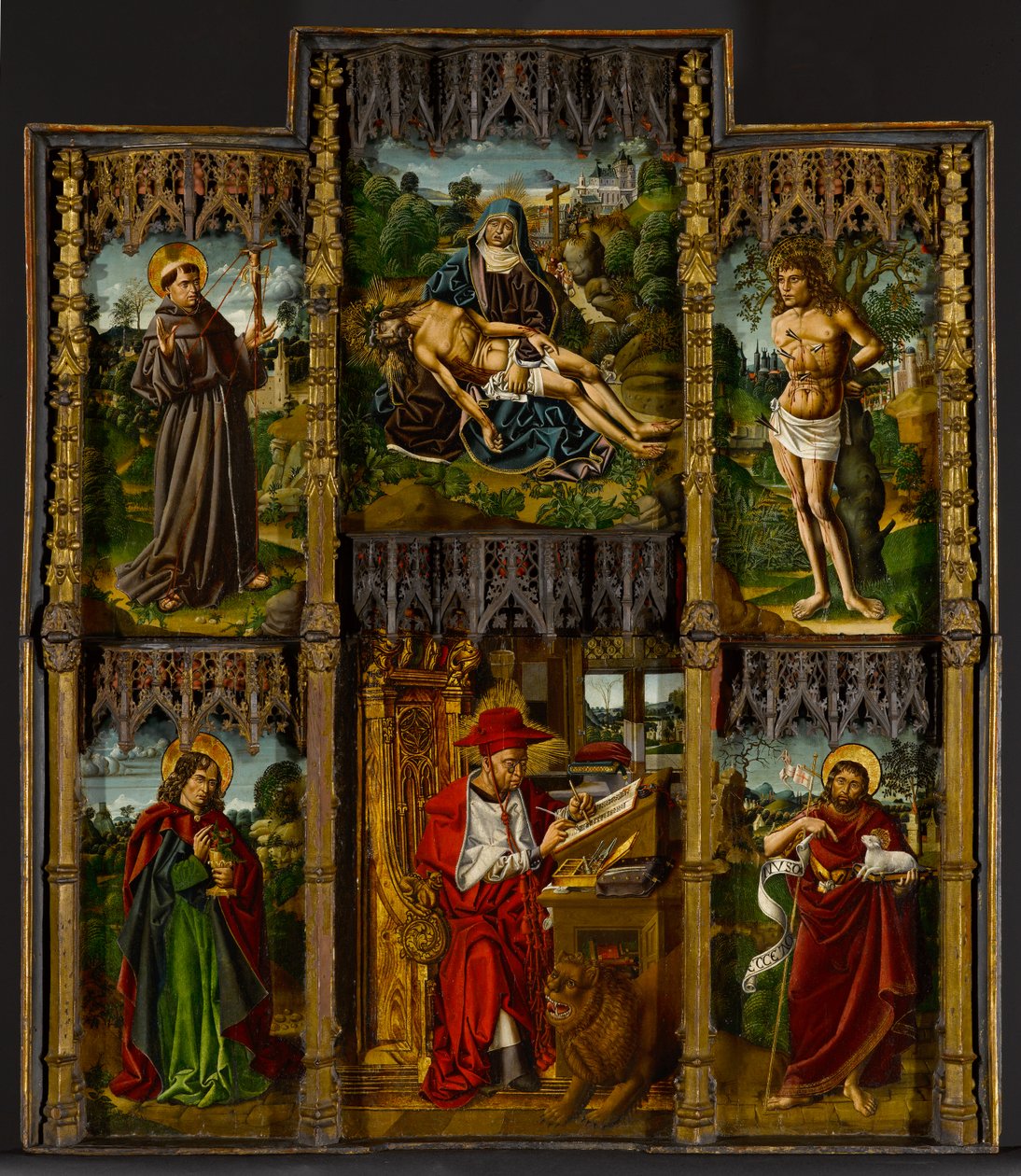 Retablo portátil: Piedad, Santos Francisco, Sebastián, Juan el Evangelista, Jerónimo y Juan el Bautista, c.1500 de Bartolomé Bermejo