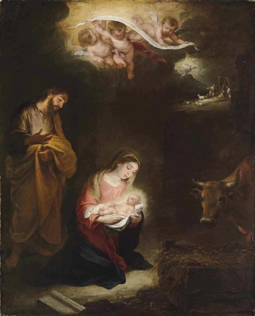 La Natividad con la Anunciación a los pastores al fondo de Bartolomé Esteban Murillo