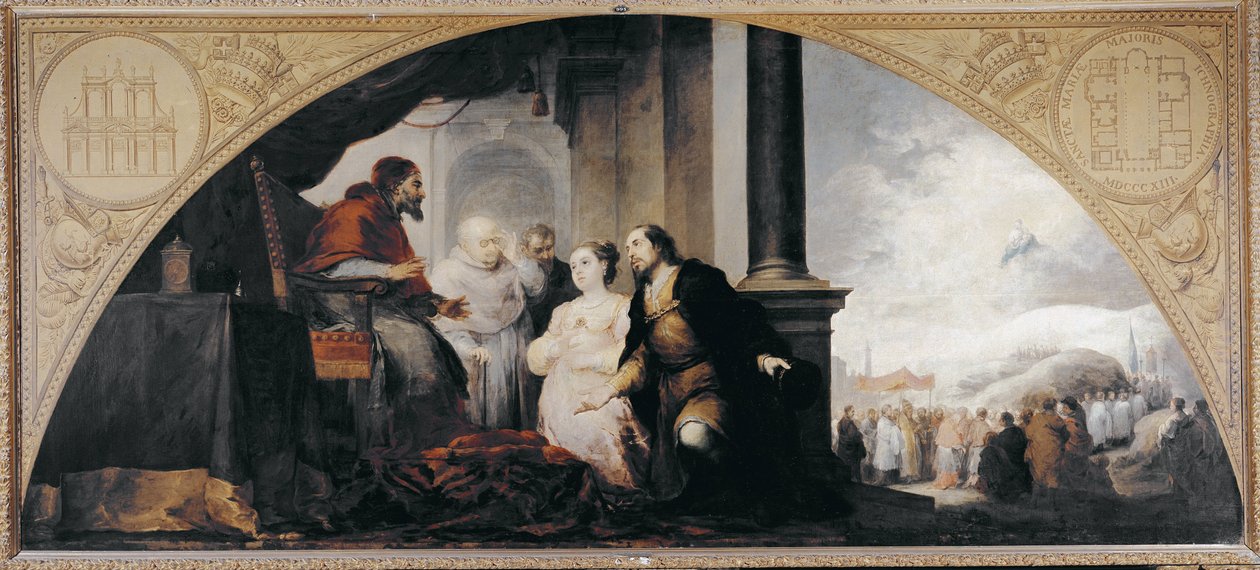 La fundación de Santa María la Mayor. Patricio Juan y su esposa revelan su sueño al Papa Liberio de Roma, acompañado por dos eclesiásticos. Pintura de Bartolomé Esteban Murillo de Bartolomé Esteban Murillo