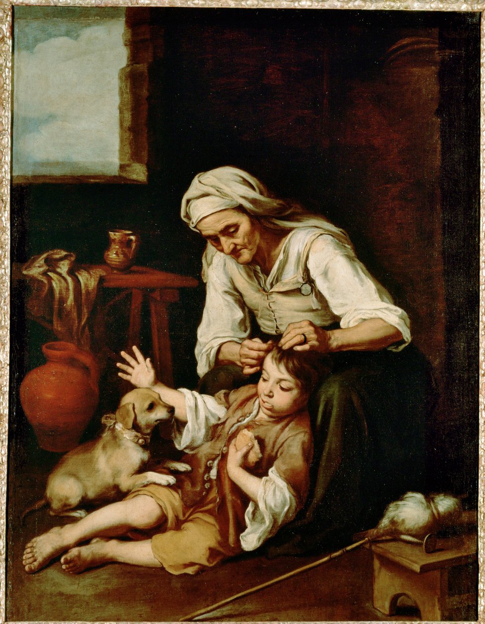 Vieja espulgando a un nino - an old woman cleaning a boy