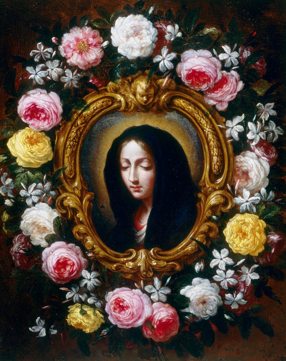 Madonna en una guirnalda de rosas y jazmín de Bartolomeo Bimbi