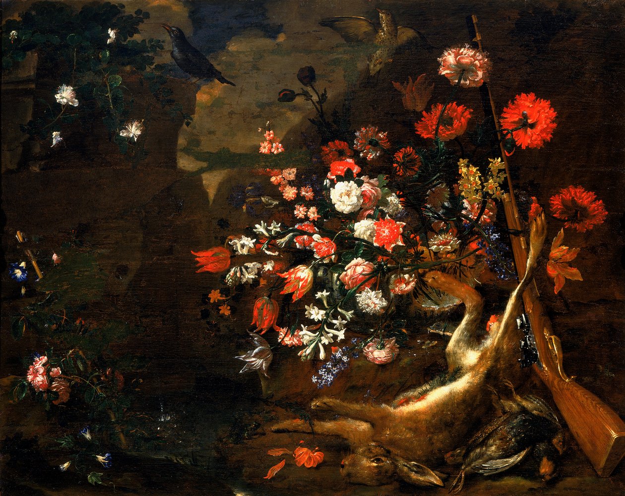 Naturaleza muerta con flores y caza de Bartolomeo Bimbi