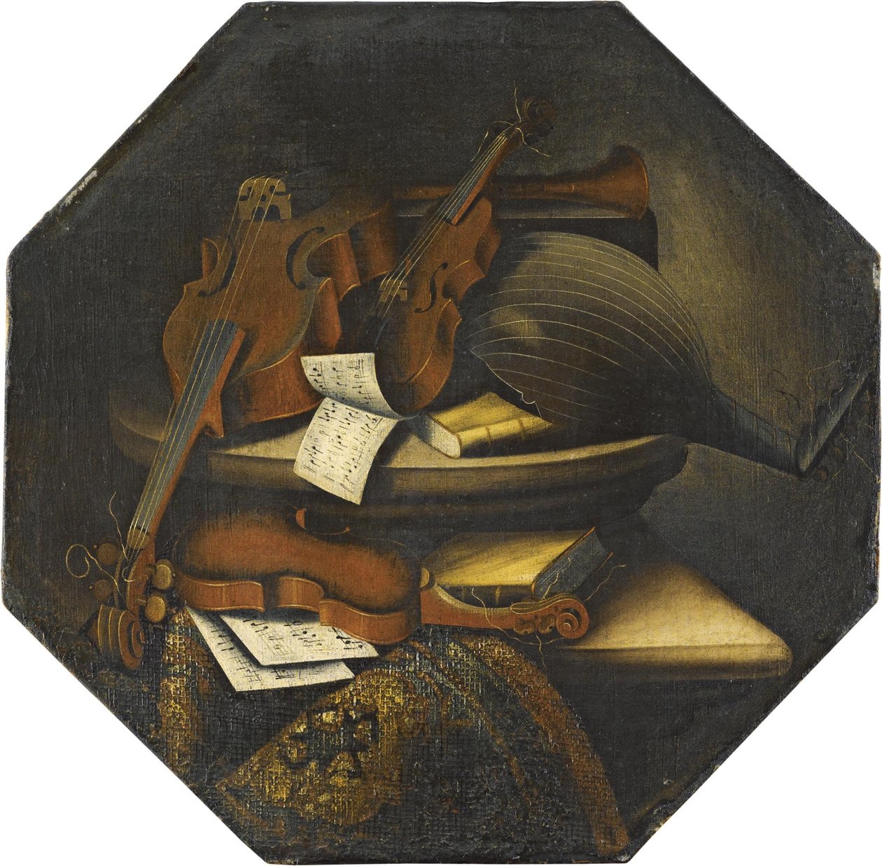 Bodegón con un laúd, un violonchelo, un violín y partituras sobre una repisa de piedra junto a una alfombra. de Bartolomeo Bettera