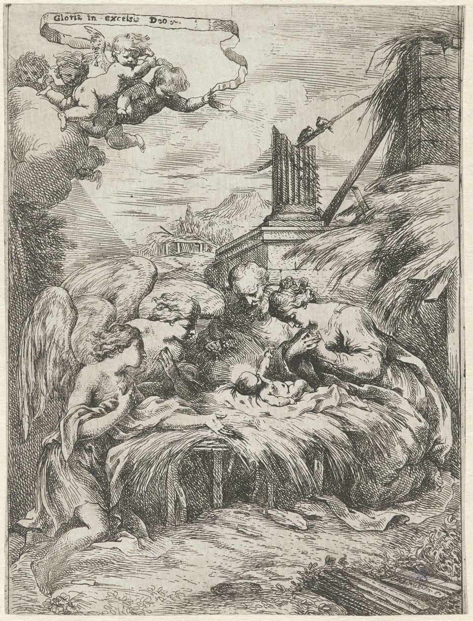 Adoración de María, José y Ángeles de Bartolomeo Biscaino