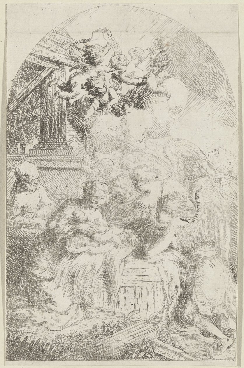 Niño Jesús adorado por tres ángeles de Bartolomeo Biscaino