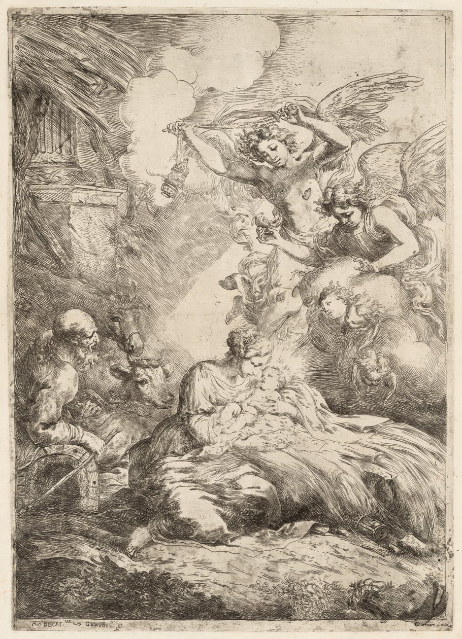 La Sagrada Familia Adorada por Ángeles La Gran Natividad, c. 1655 de Bartolomeo Biscaino
