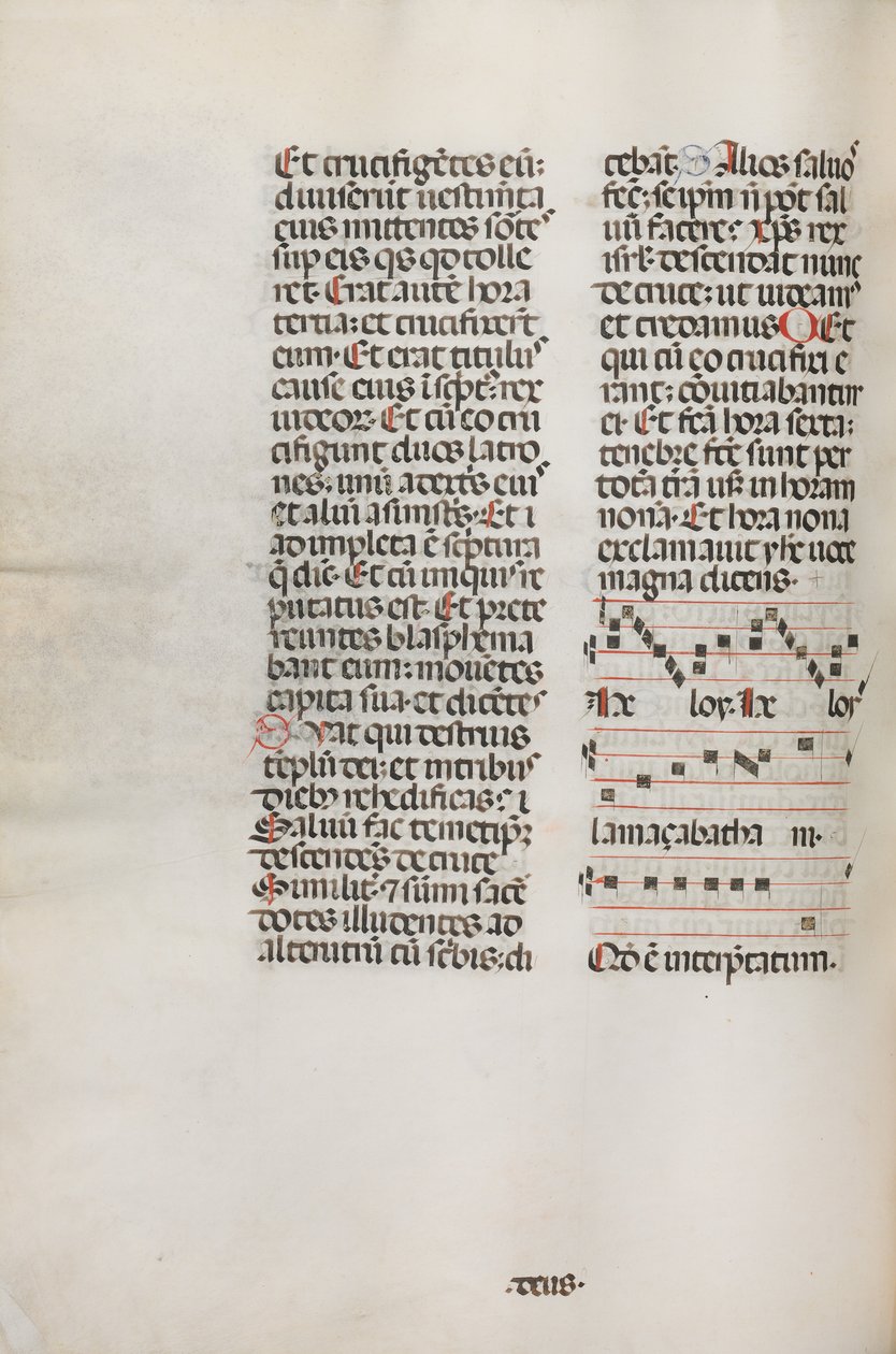 Misal: Fol. 128v: contiene música para Hely Hely Lama etc. dentro de la Pasión de San Mattion, 1469 de Bartolomeo Caporali