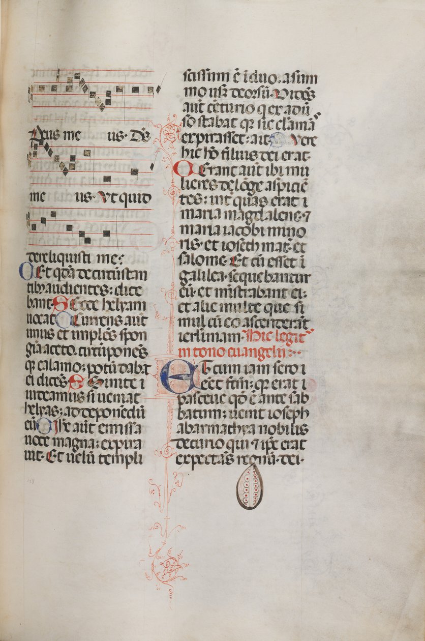 Misal: Fol. 129: contiene música para Hely Hely Lama etc. dentro de la Pasión de San Mattion, 1469 de Bartolomeo Caporali
