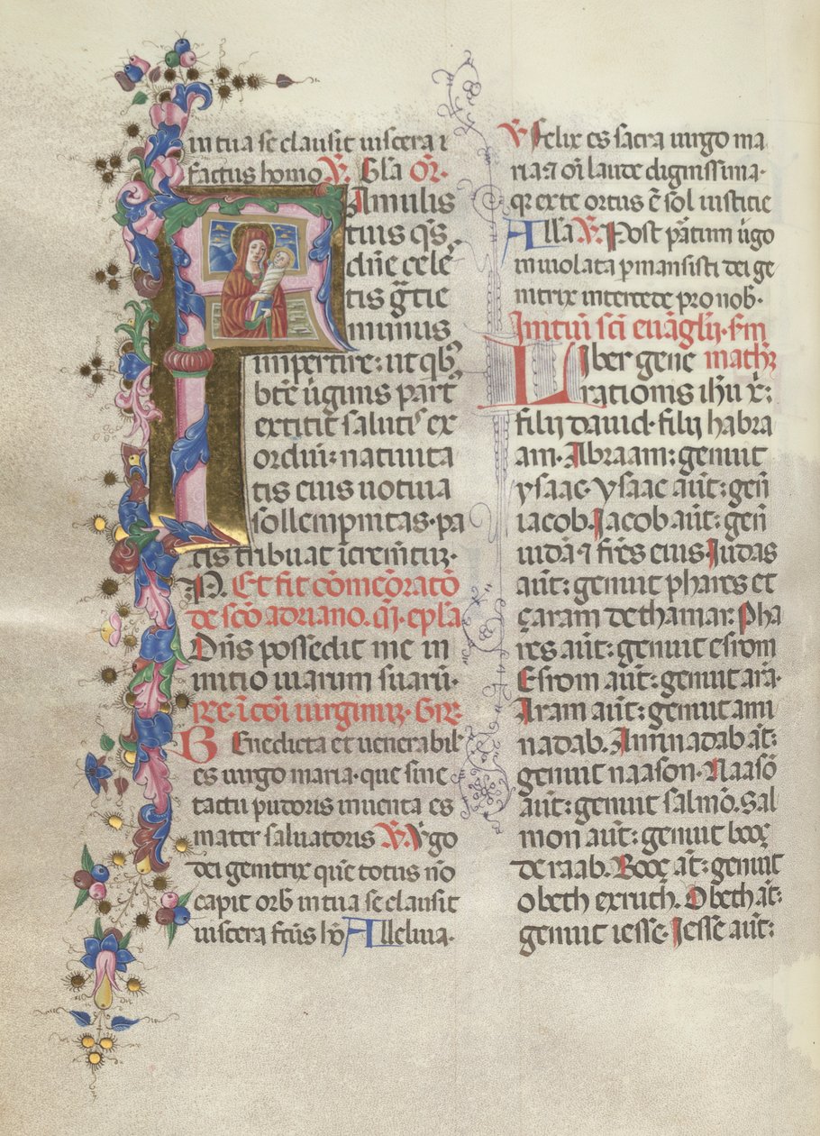 Misal: Fol. 311v: Santa Ana sosteniendo a la Virgen recién nacida, 1469 de Bartolomeo Caporali