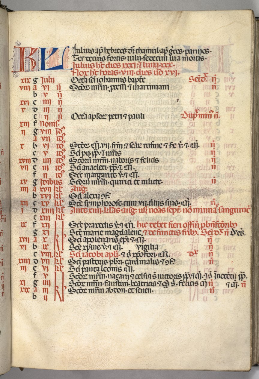 Misal: Fol. 6r: Página del calendario de julio, 1469 de Bartolomeo Caporali
