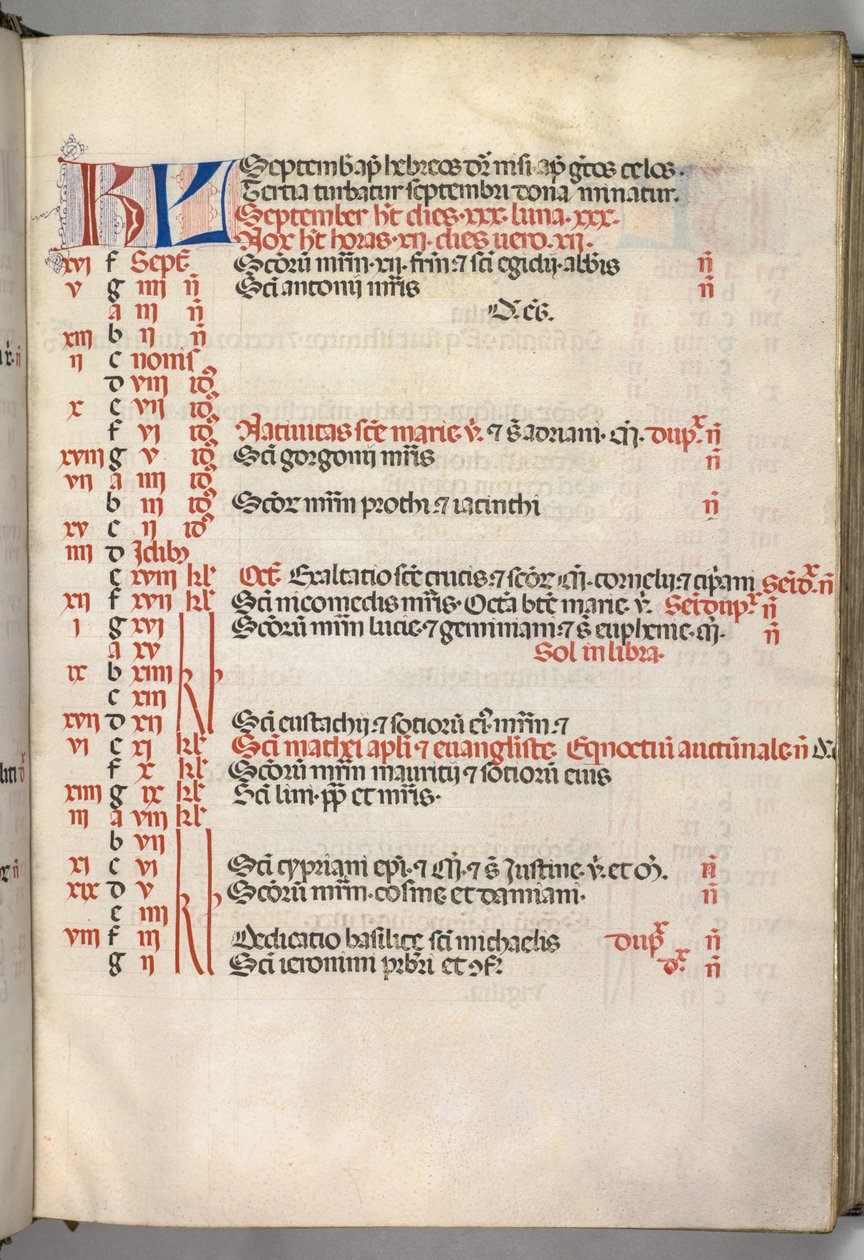 Misal: Fol. 7r: Página del Calendario de Septiembre, 1469 de Bartolomeo Caporali
