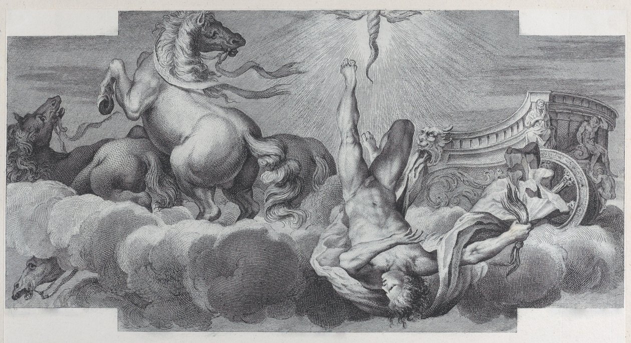 Auriga, el auriga, cae del carro en el centro, con tres caballos de Bartolomeo Crivellari, Gabriel Söderling