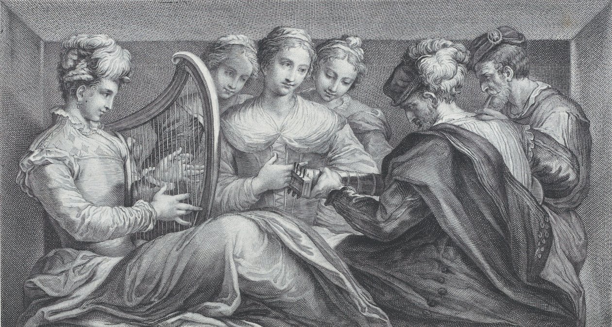 Un grupo de personas elegantemente vestidas tocando el arpa y una guitarra, 1740-68 de Bartolomeo Crivellari