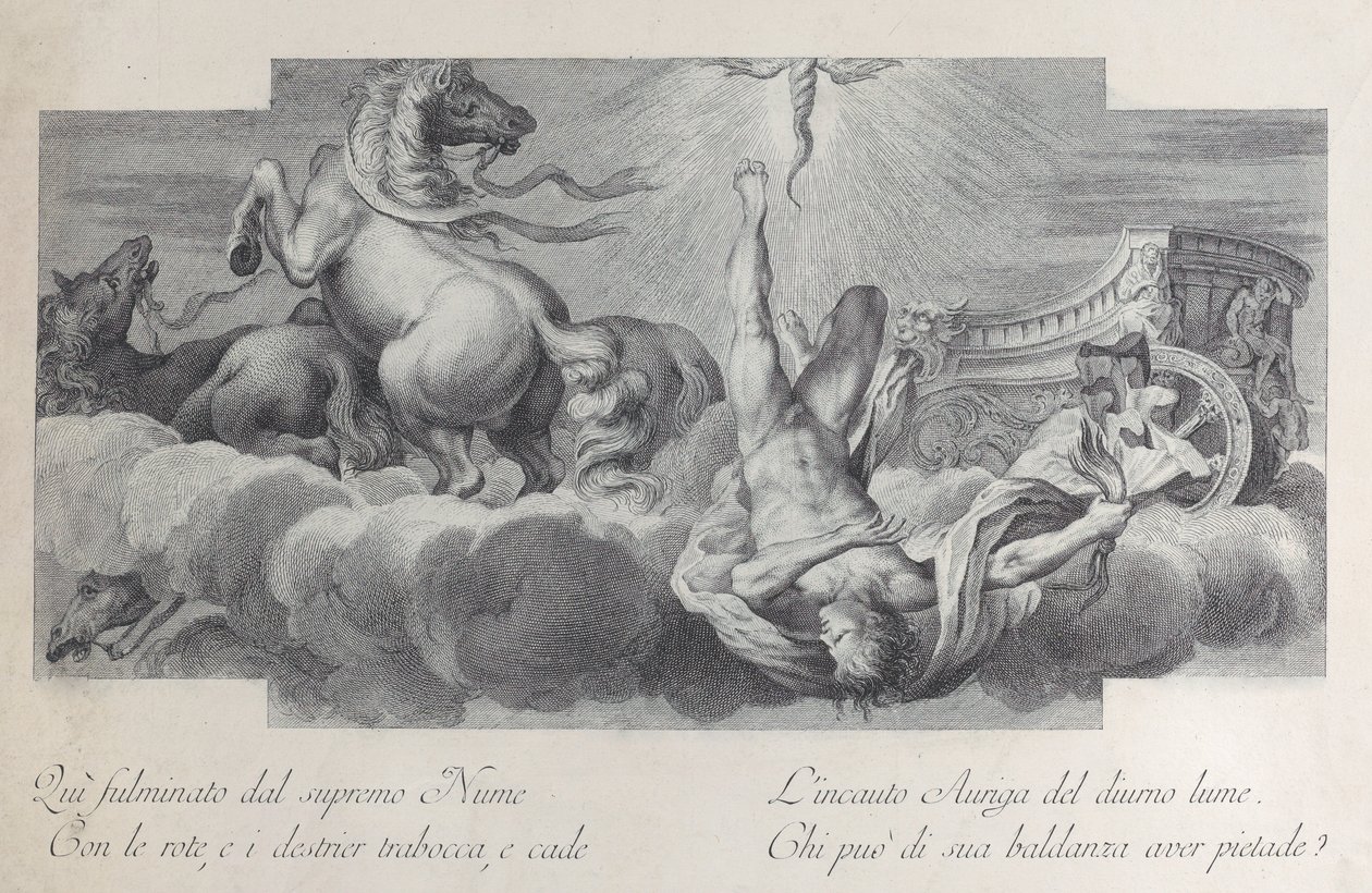 Placa 34: Auriga, el auriga, cae del carro en el centro, con tres caballos a la izquierda, 1756 de Bartolomeo Crivellari