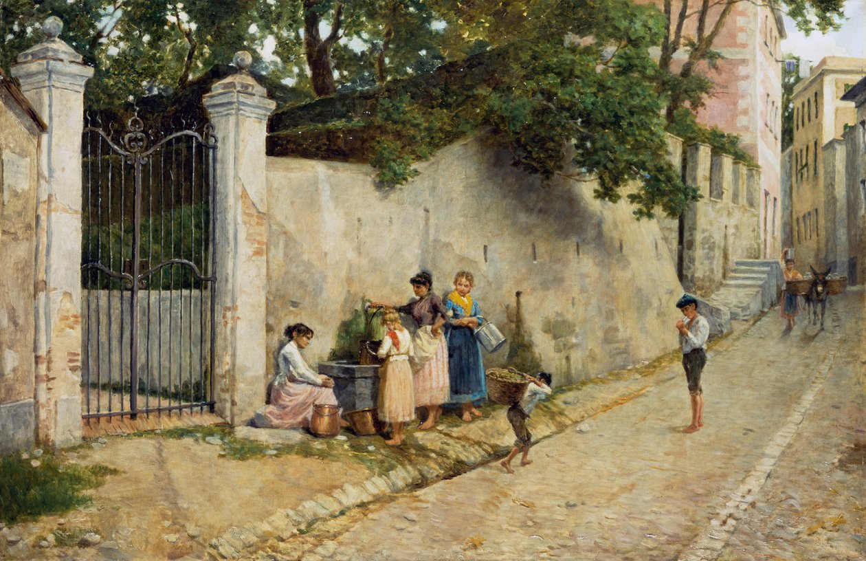 En la fuente, de Bartolomeo Giuliano (1825-1909), óleo sobre lienzo, 64,5x100 cm de Bartolomeo Giuliano