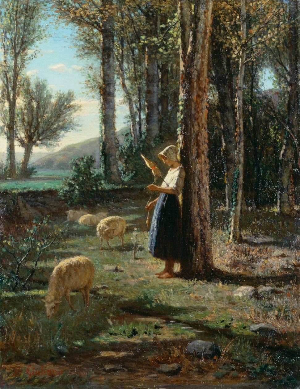Pastora con rebaño de ovejas, de Bartolomeo Giuliano (1825-1909), óleo sobre lienzo, 35x27 cm de Bartolomeo Giuliano