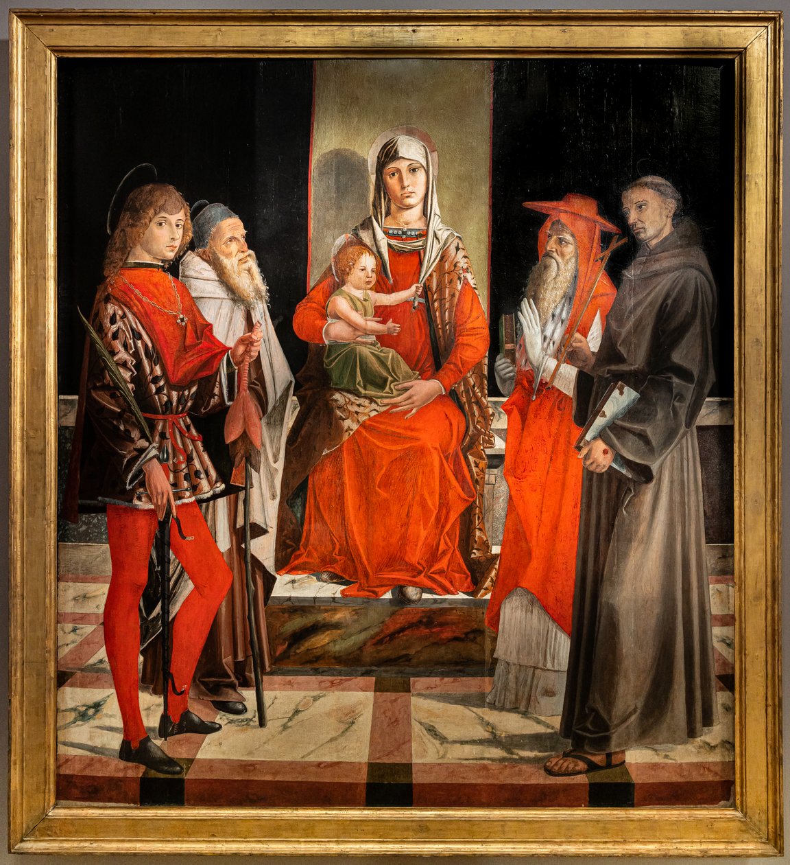 Virgen entronizada con el niño Jesús entre los santos Ansano, Antonio el Grande, Jerónimo y Francisco de Bartolomeo Montagna