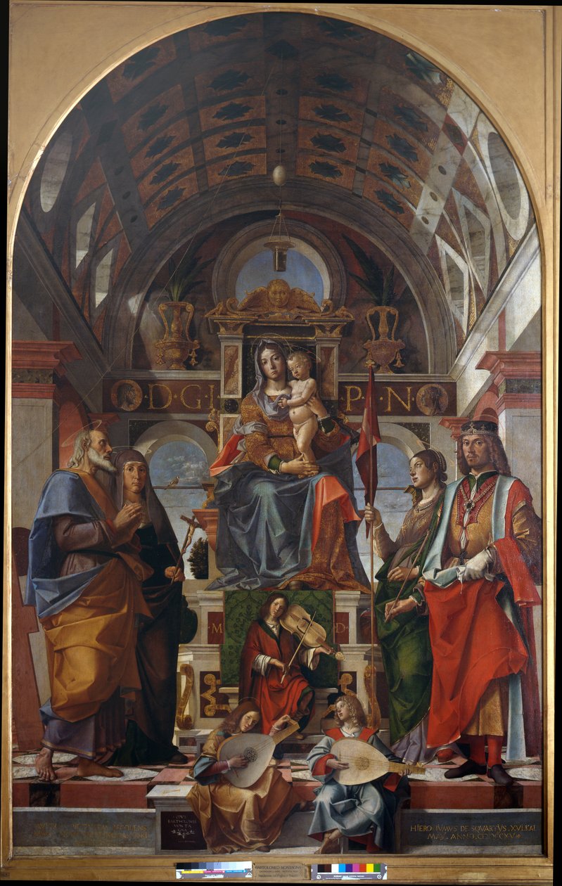 Madonna y niño con San Andrés, Mónica, Úrsula y Segismundo de Bartolomeo Montagna