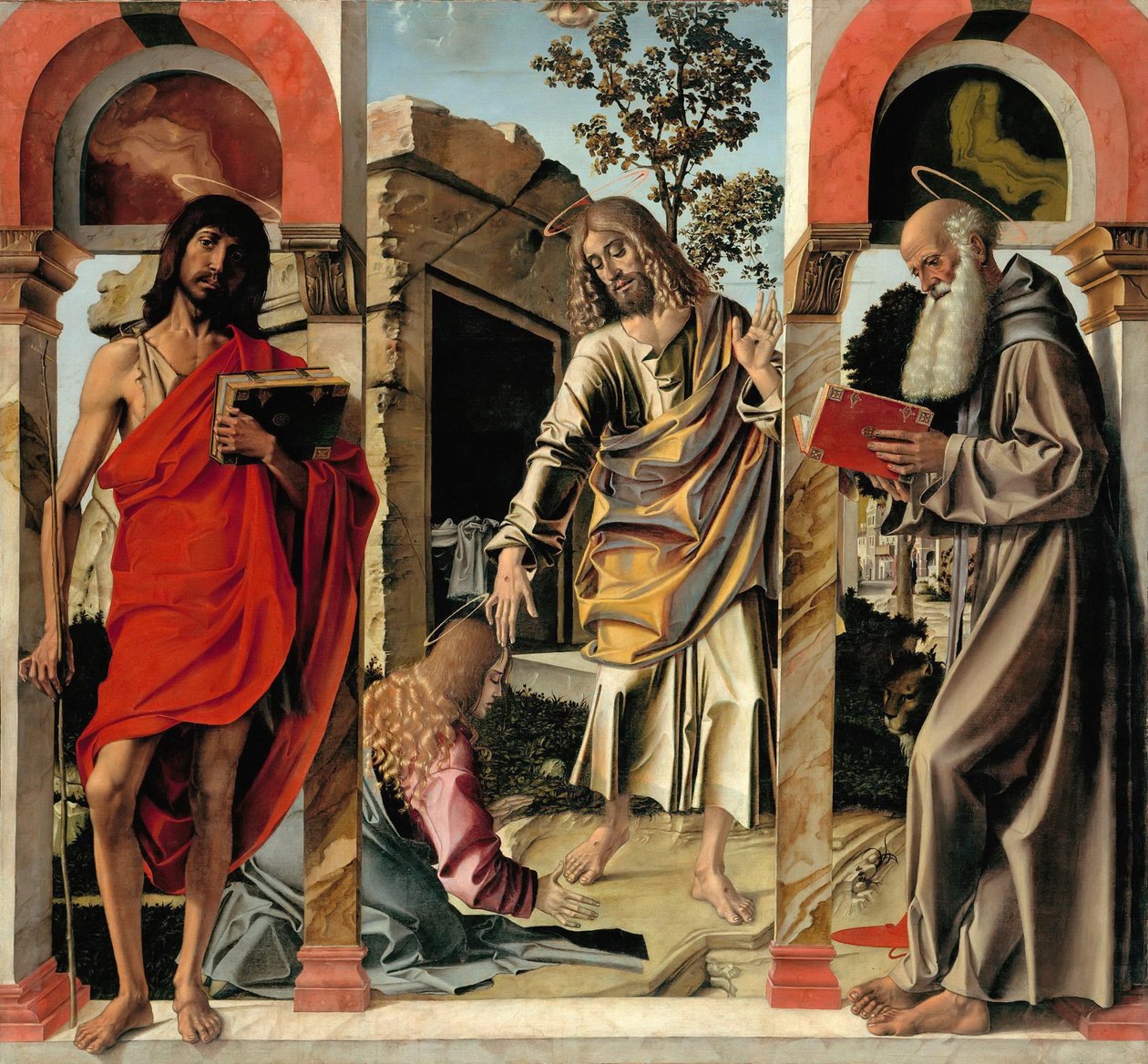 Cristo resucitado con María Magdalena y los santos Juan Bautista y Jerónimo, c. 1492 de Bartolomeo Montagna