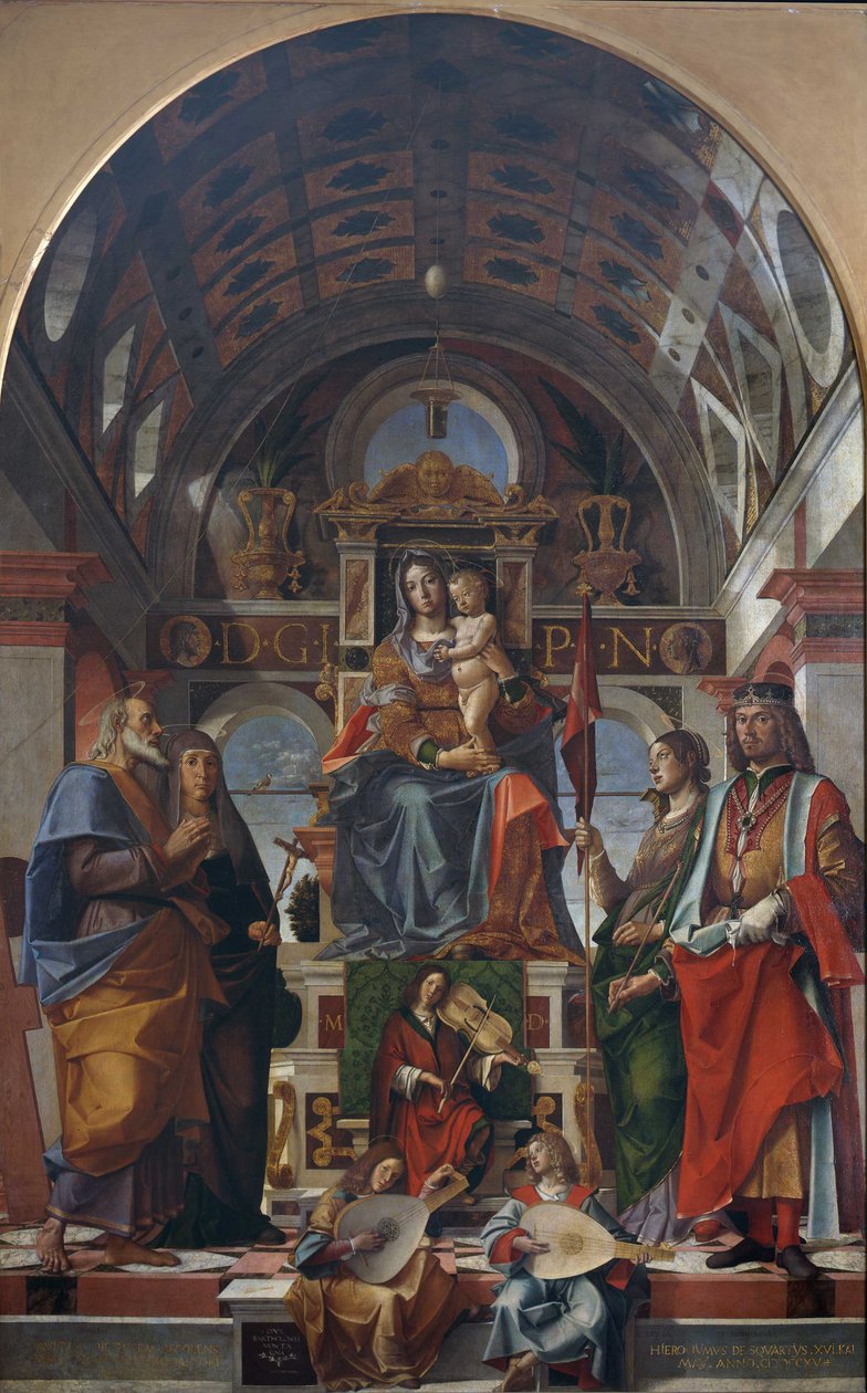 La Virgen y el Niño entronizados con santos y ángeles haciendo música, 1499 de Bartolomeo Montagna