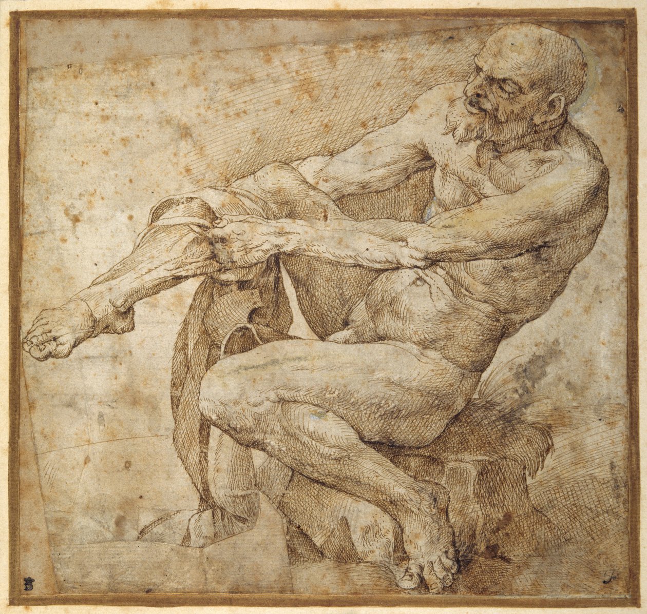 Hombre desnudo poniéndose las medias, después de Marcantonio Raimondi y Miguel Ángel Buonarroti de Bartolomeo Passarotti