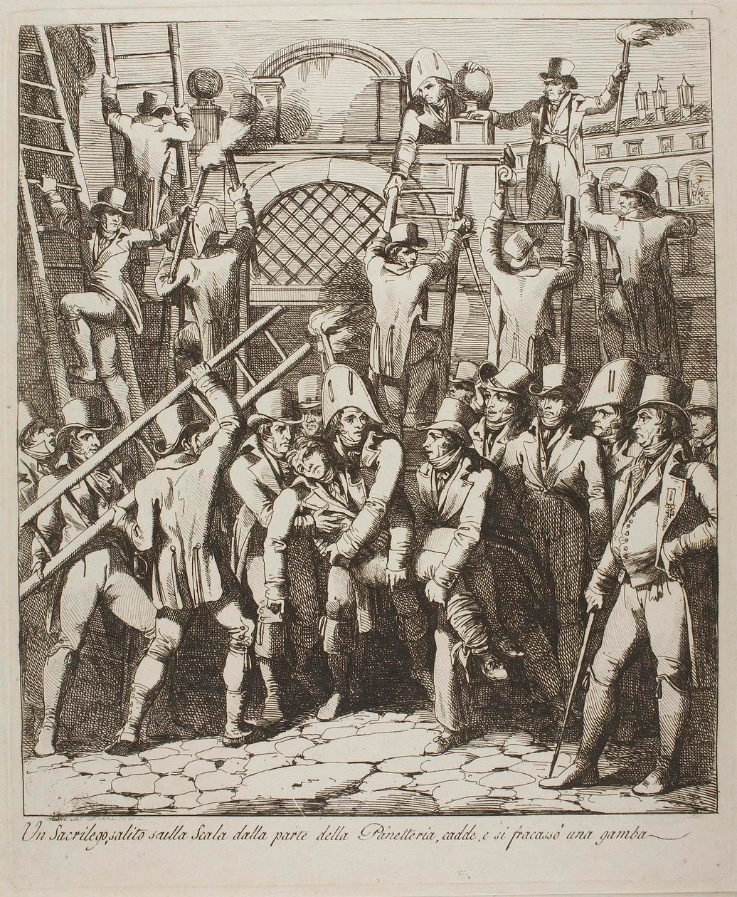 Un blasfemo se rompe una pierna al trepar los muros del Vaticano, 6 de julio de 1809 de Bartolomeo Pinelli