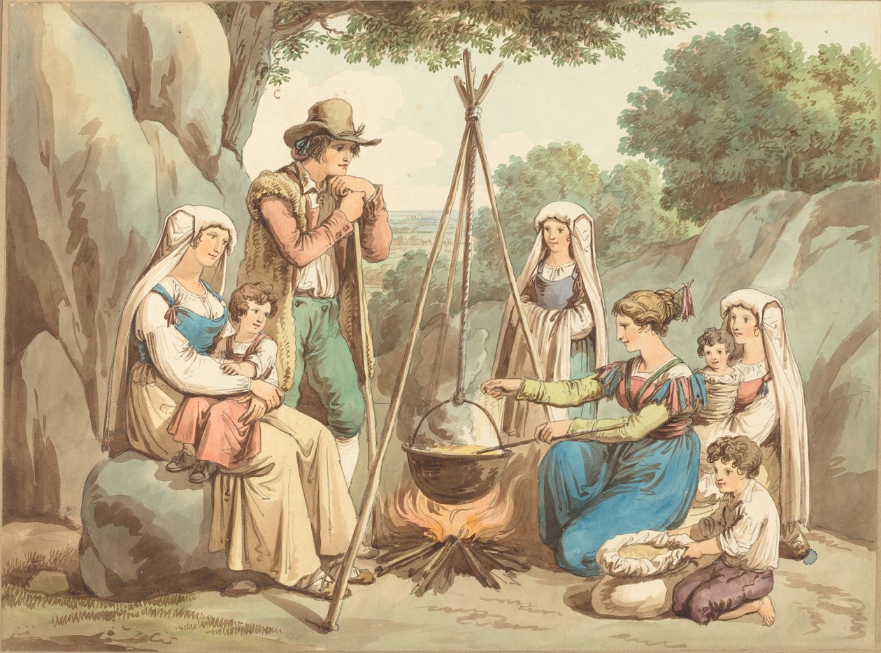 Una familia campesina cocinando sobre una fogata de Bartolomeo Pinelli