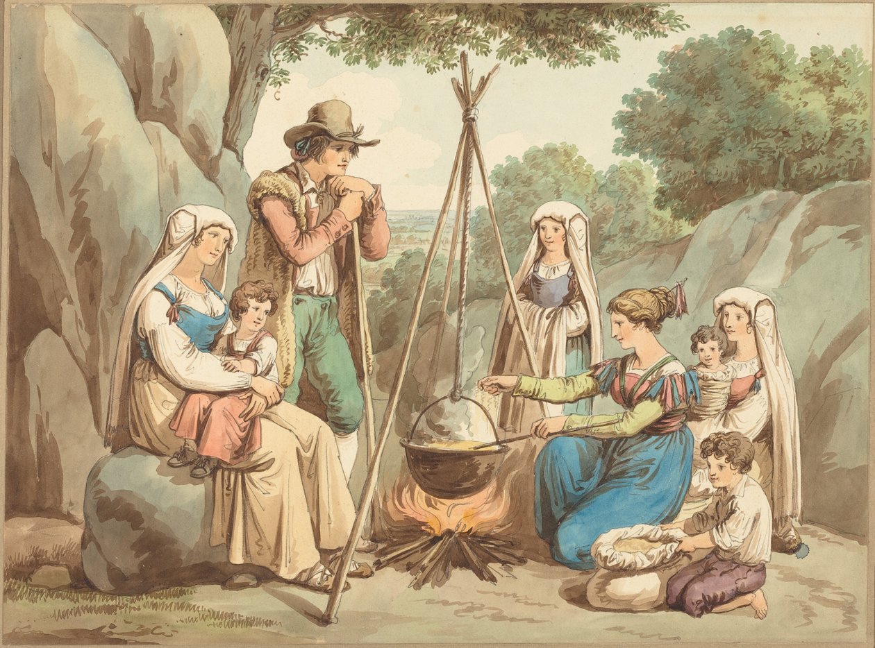 Una familia campesina cocinando en una hoguera de Bartolomeo Pinelli