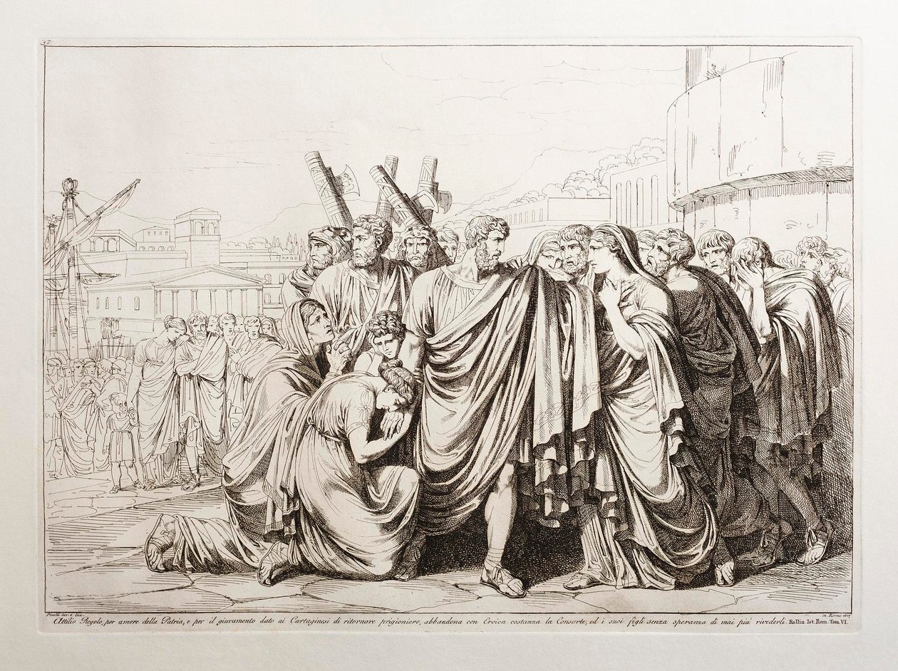 Attilio Regolo, por amor a su patria y por el juramento dado a los cartagineses de regresar como prisionero, abandona a su esposa con heroica constancia y a sus hijos sin esperanza de volver a verlos de Bartolomeo Pinelli