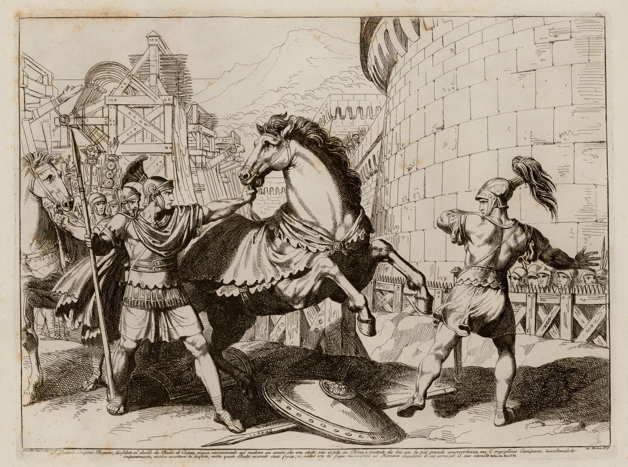 Badius de Capua huye tras una batalla con Titus Quinctius Crispinus Sulpicianus (grabado) de Bartolomeo Pinelli