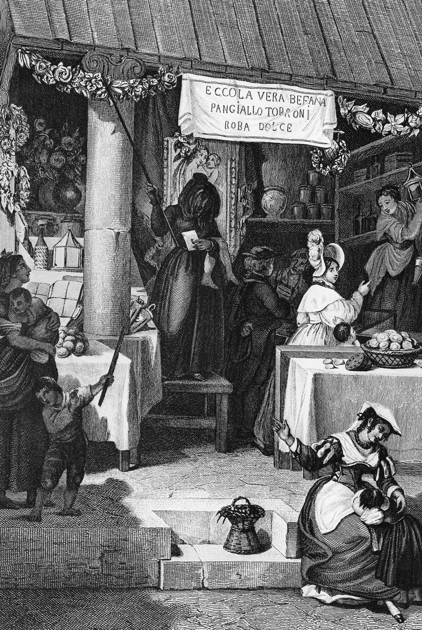 Befana (bruja navideña italiana), puesto de venta de dulces y turrón en la Piazza Navona durante la Epifanía, Roma, grabado de Bartolomeo Pinelli de Bartolomeo Pinelli