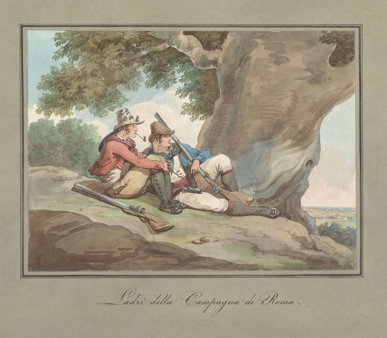 «Briganti descansando en la Campagna», ilustración para «Trajes y costumbres romanas» de Bartolomeo Pinelli