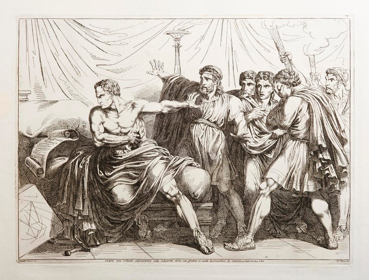 Catón, no queriendo sobrevivir a la esclavitud lejos de su patria, se mata arrancándose las entrañas de Bartolomeo Pinelli