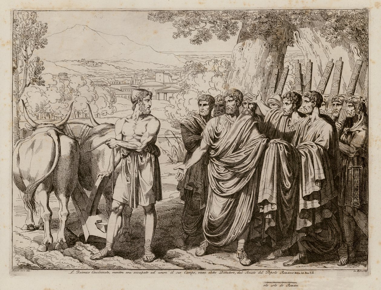 Cincinnatus retirado de sus campos para convertirse en dictador de Roma, 458 a.C. (aguafuerte) de Bartolomeo Pinelli