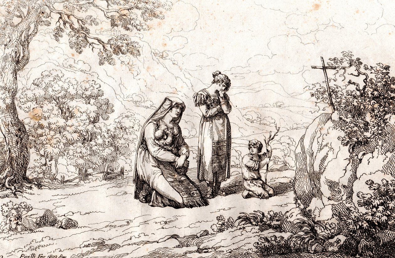 Mujer ciociara rezando frente a la cruz donde mataron a su esposo, grabado de Bartolomeo Pinelli de Bartolomeo Pinelli