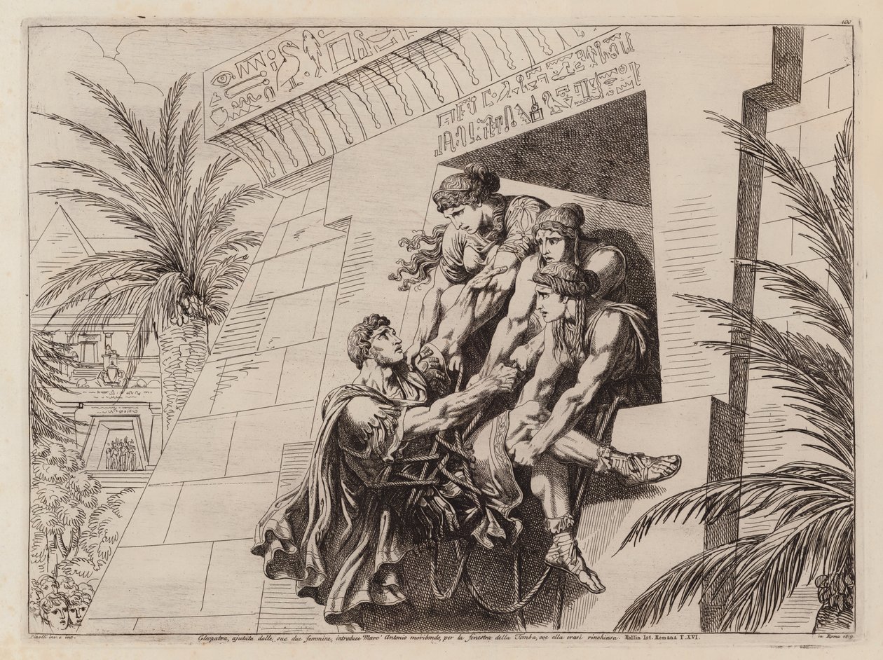Cleopatra y sus compañeras llevan a Marco Antonio moribundo a su tumba (grabado) de Bartolomeo Pinelli