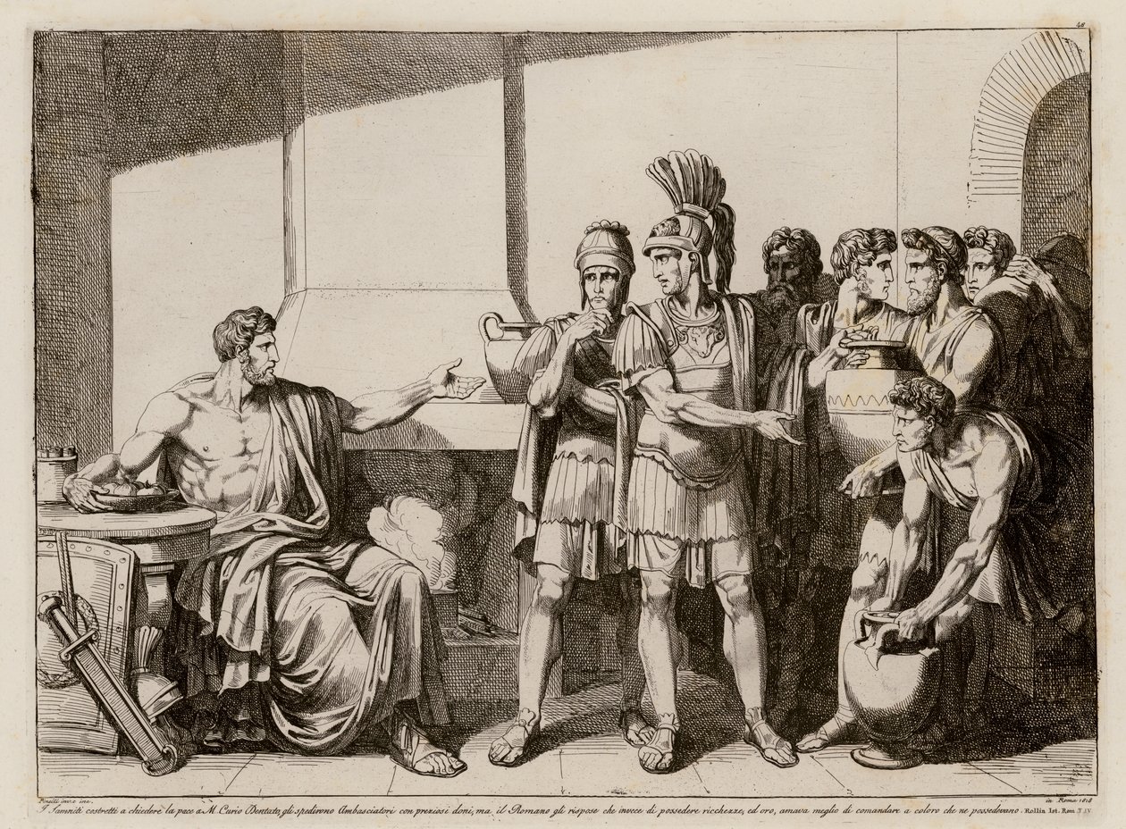 Curius Dentatus rechazando los regalos de los samnitas (grabado) de Bartolomeo Pinelli