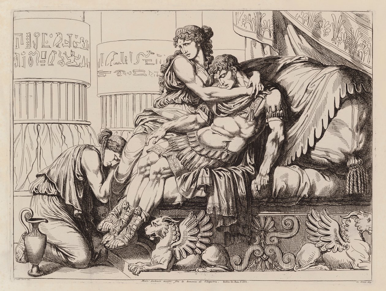 Muerte de Marco Antonio en brazos de Cleopatra, 30 a.C. (aguafuerte) de Bartolomeo Pinelli